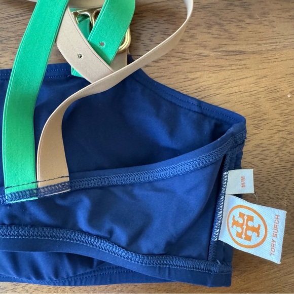 Tory Burch Navy Bikini Top with Green and Tan Straps Size Medium - Picture 5 of 5
